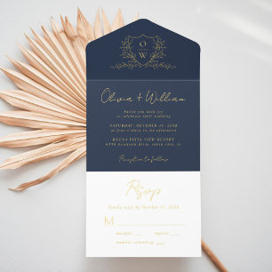 Elegant Crest Monogram Script Blue Wedding All In One Invitation