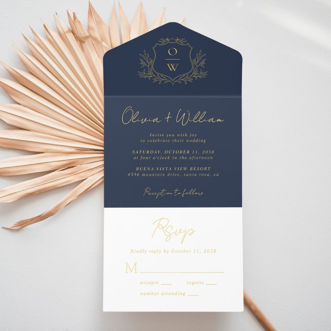 Elegant Crest Monogram Script Blue Wedding All In One Invitation (Creator Uploaded)
