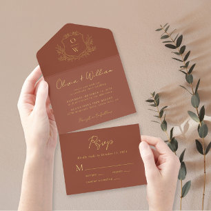 Elegant Crest Monogram Script Terracotta Wedding All In One Invitation