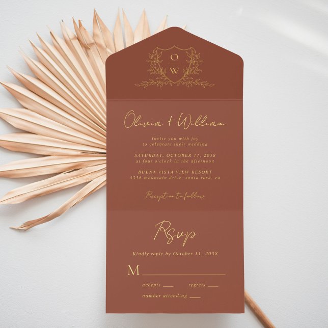 Elegant Crest Monogram Script Terracotta Wedding All In One Invitation (Creator Uploaded)