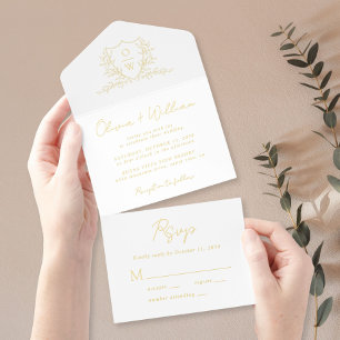 Elegant Crest Monogram Script Wedding All In One Invitation