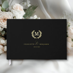 Elegant Crest Monogram Wedding Black Guest Book