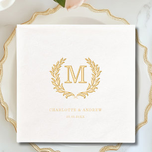 Elegant Crest Monogram White Wedding  Foil Napkins