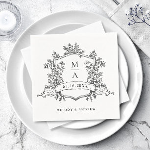Elegant Crest Monograms Wedding Black & White Napkin