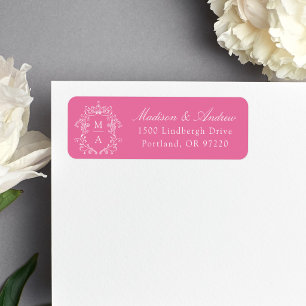 Elegant Crest Pink Monogram Wedding Address
