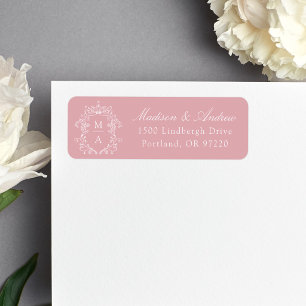 Elegant Crest Rose Pink Monogram Wedding Address