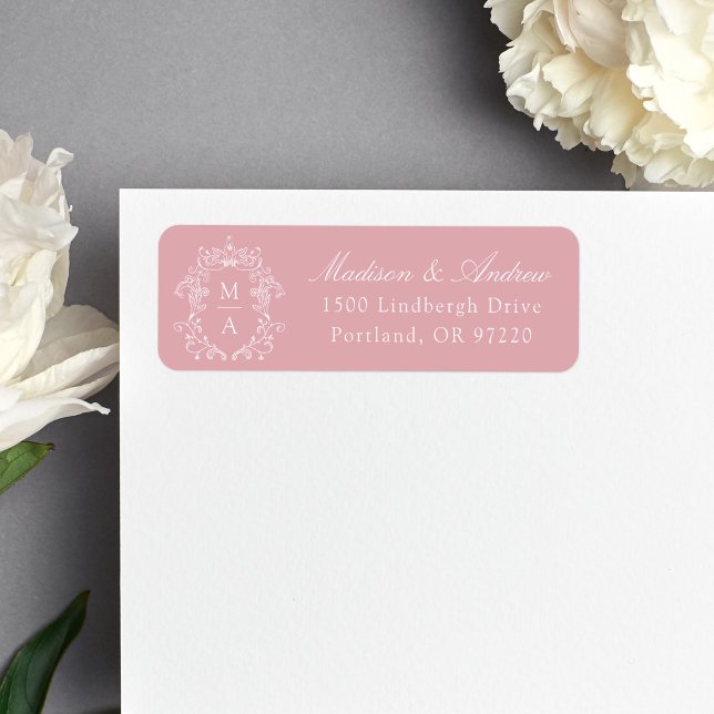 Elegant Crest Rose Pink Monogram Wedding Address (Creator Uploaded)