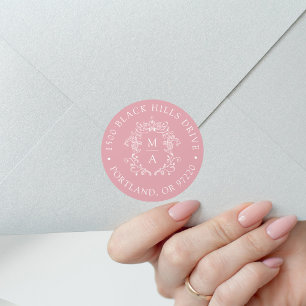 Elegant Crest Rose Pink Wedding Return Address Classic Round Sticker