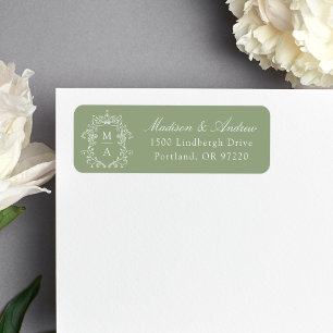 Elegant Crest Sage Green Monogram Wedding Address