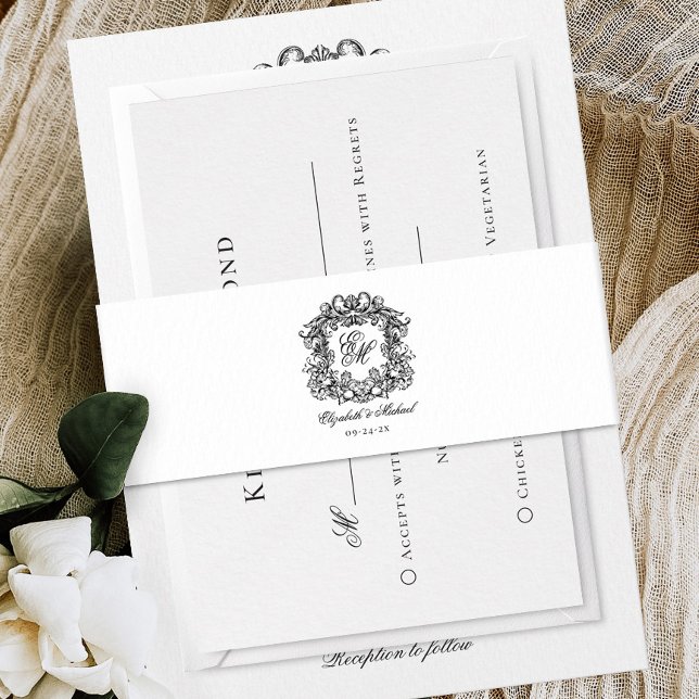 Elegant Crest Script Monogram Wedding Invitation Belly Band (Creator Uploaded)