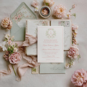 Elegant Crest w/ Blush Pink Bow Monogram Wedding Invitation