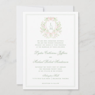 Elegant Crest w/ Blush Pink Bow | Monogram Wedding Invitation