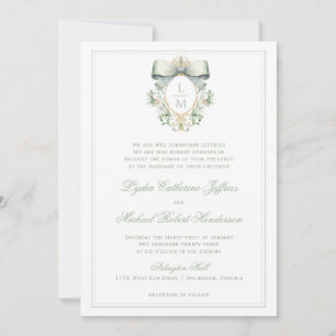 Elegant Crest w/ Sage Green Bow   Monogram Wedding Invitation