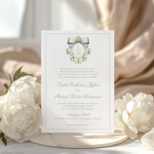 Elegant Crest w/ Sage Green Bow Monogram Wedding Invitation