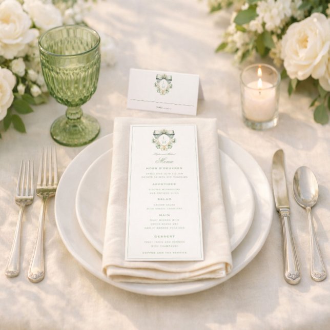 Elegant Crest w/ Sage Green Bow | Monogram Wedding Menu (Creator Uploaded)