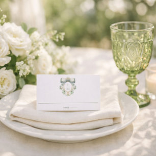 Elegant Crest w/ Sage Green Bow   Monogram Wedding Place Card