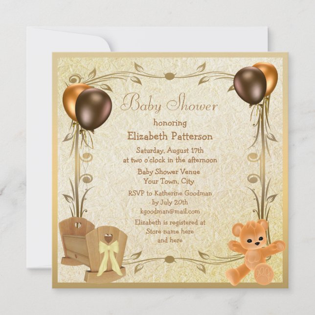 Elegant Crib & Teddy Vintage Baby Shower Invites (Front)