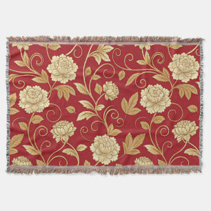 Elegant Crimson Floral Vine Pattern Throw Blanket