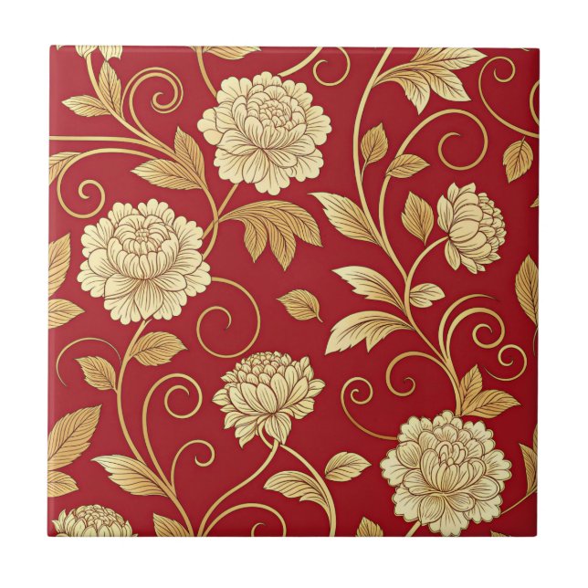 Elegant Crimson Floral Vine Pattern Tile (Front)