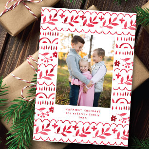 Elegant Crimson Folk Watercolor Christmas Photo Holiday Card