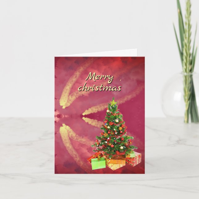 Elegant Crimson Gold Traditional Tree Christmas Holiday Card (Front)