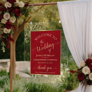 Elegant Crimson Red and Gold Wedding Welcome Acrylic Sign