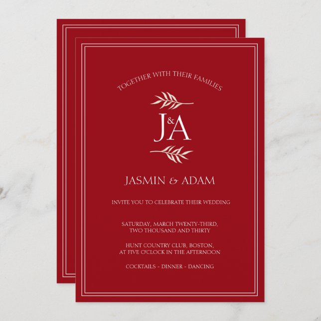 Elegant Crimson Red Classic Monogram Wedding  Invitation (Front/Back)