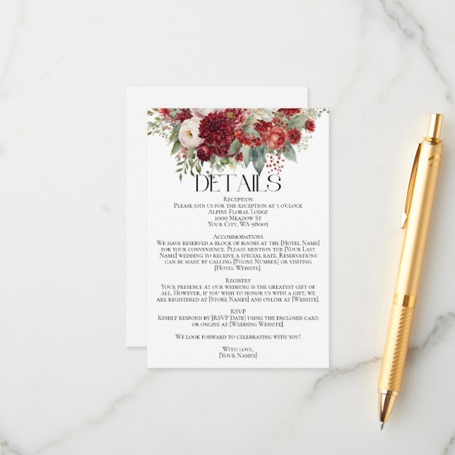 Elegant Crimson Red Cream Florals Wedding Details Enclosure Card (Front/Back In Situ)