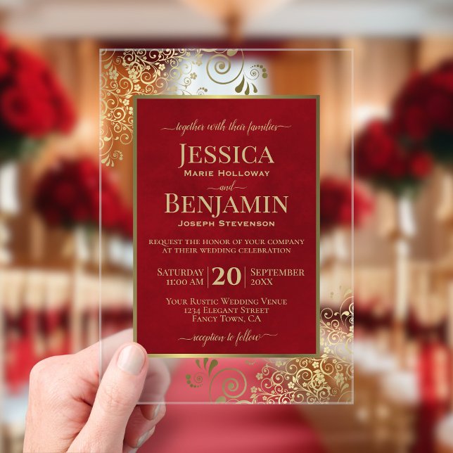 Elegant Crimson Red & Gold Stylish Text Wedding Acrylic Invitations (Creator Uploaded)