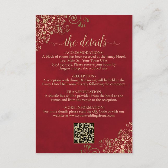 Elegant Crimson Red & Gold Wedding QR Code Details Enclosure Card (Front)