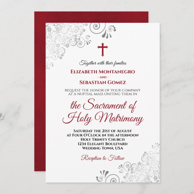 Elegant Crimson Red & Grey Modern Catholic Wedding Invitation (Front/Back)