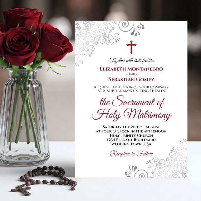 Elegant Crimson Red & Grey Modern Catholic Wedding Invitation (Creator Uploaded)