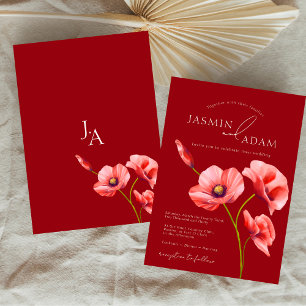 Elegant Crimson Red Poppies Monogram Wedding Invitation