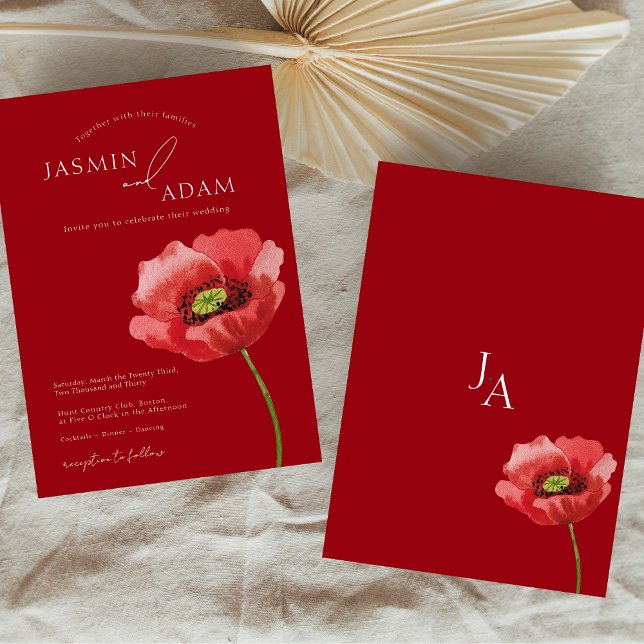 Elegant Crimson Red Poppy Monogram Wedding Invitation (Crimson Red Poppy Floral Monogram Wedding Invitation)
