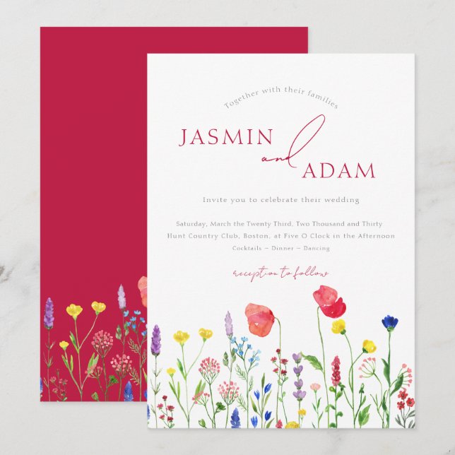 Elegant Crimson Red Wildflower Monogram Wedding Invitation (Front/Back)
