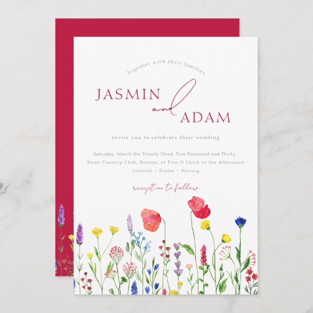 Elegant Crimson Red Wildflowers Wedding Invitation (Front/Back)