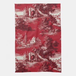 Elegant Crimson Toile - French Countryside Motifs Tea Towel