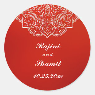 Elegant  Crimson White Indian Paisley Wedding Classic Round Sticker
