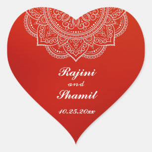 Elegant  Crimson White Indian Paisley Wedding Heart Sticker