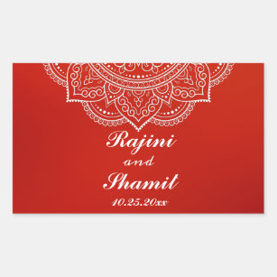 Elegant  Crimson White Indian Paisley Wedding  Rectangular Sticker