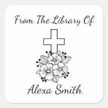 Elegant Cross and Flowers Personalised Bookplate