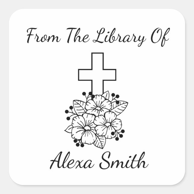 Elegant Cross and Flowers Personalised Bookplate Square Sticker (Front)