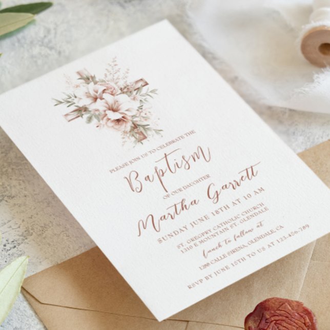 Elegant Cross And Pink Flowers Girl Baptism Invitation (Creator Uploaded)