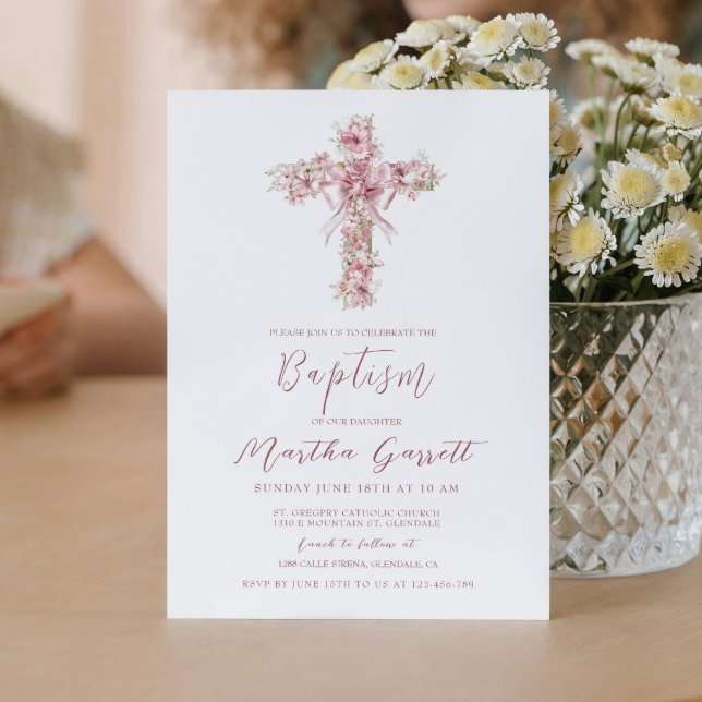 Elegant Cross And Pink Flowers Girl Baptism Invitation (Creator Uploaded)