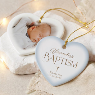 Elegant Cross Baby Boy Baptism Blue Heart Photo Ceramic Tree Decoration