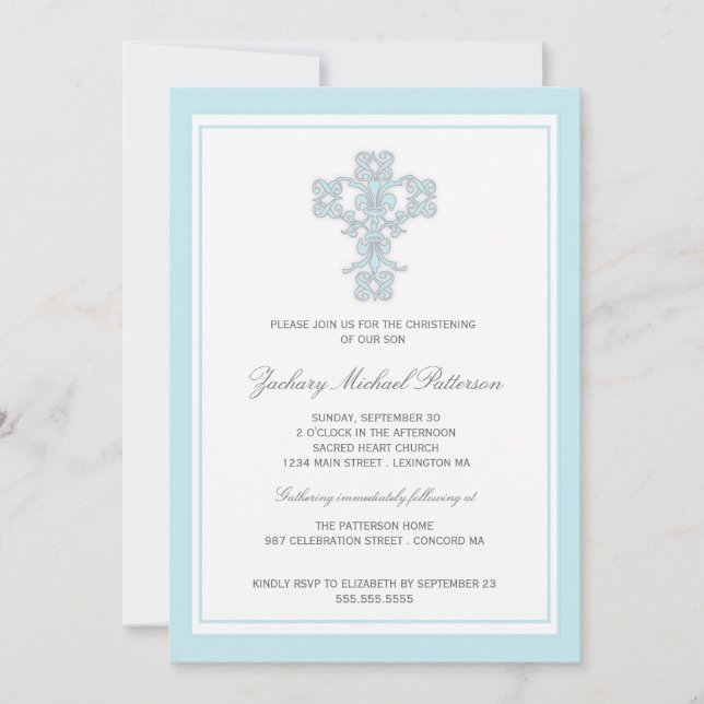 Elegant Cross Blue Baby Boy Christening Invitation (Front)