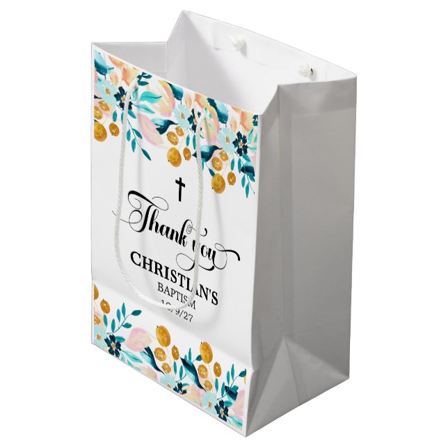 Elegant Cross Blue Baptism Medium Gift Bag (Front Angled)