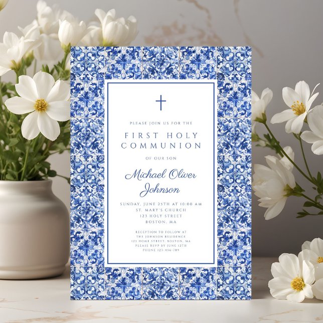 Elegant Cross Blue Tiles Boy First Communion Invitation (Elegant Cross Blue Tiles Boy First Communion Invitation)