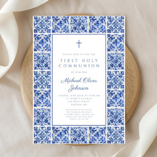 Elegant Cross Blue Tiles Boy First Communion Invitation