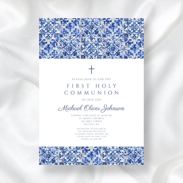 Elegant Cross Blue Tiles Boy First Communion Invitation (Elegant Cross Blue Tiles Boy First Communion Invitation)